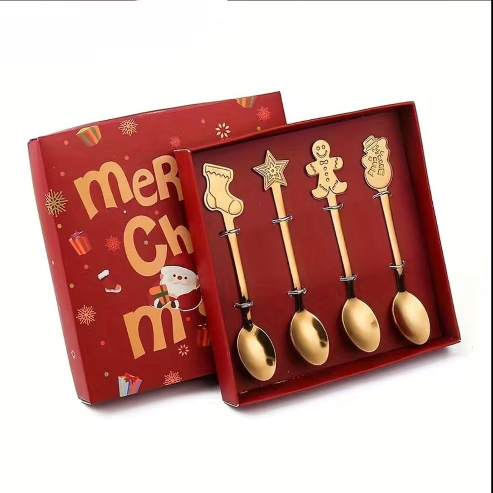 New 4pc Gold Christmas Coffee Teaspoon Dessert Set